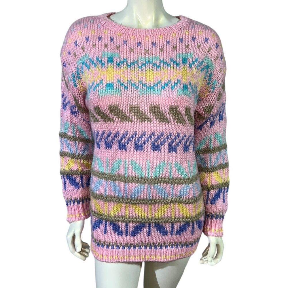 Vintage 1980s Simsbury Pastel Fair Isle Style Sweater Pink Multi Striped  Small